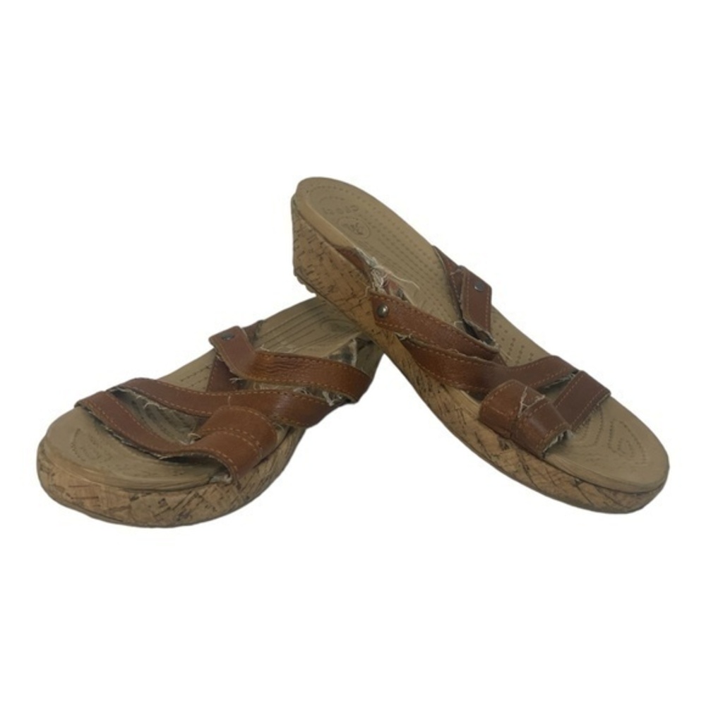 CROCS Womens A-Leigh Mini Cork Wedge Sandals Black Leather Size 9
